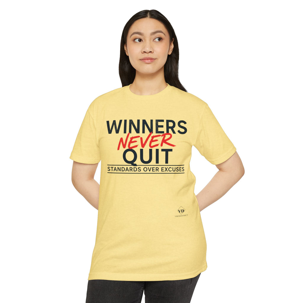 Winners Never Quit T-Shirt — Motivational Fitness Tee (“Standards Over Excuses”)