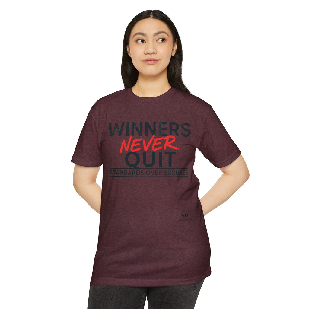 Winners Never Quit T-Shirt — Motivational Fitness Tee (“Standards Over Excuses”)