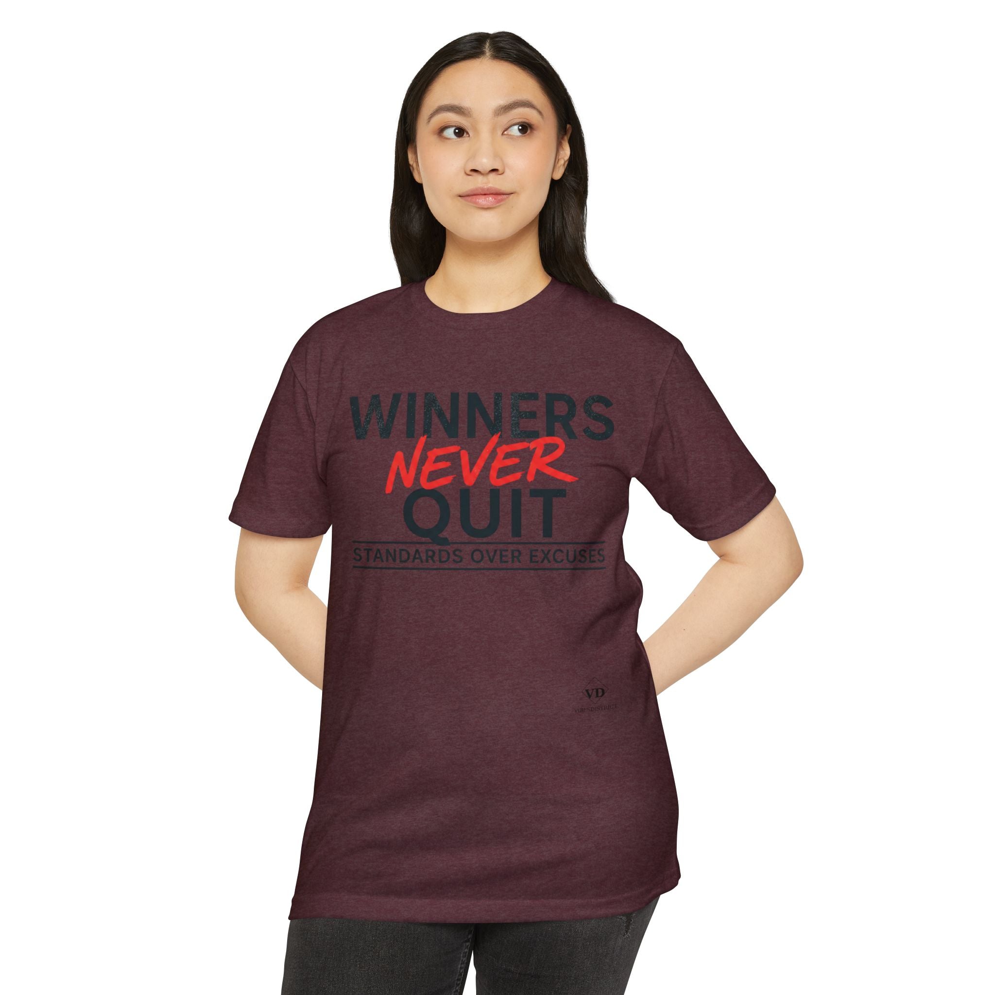 Winners Never Quit T-Shirt — Motivational Fitness Tee (“Standards Over Excuses”)