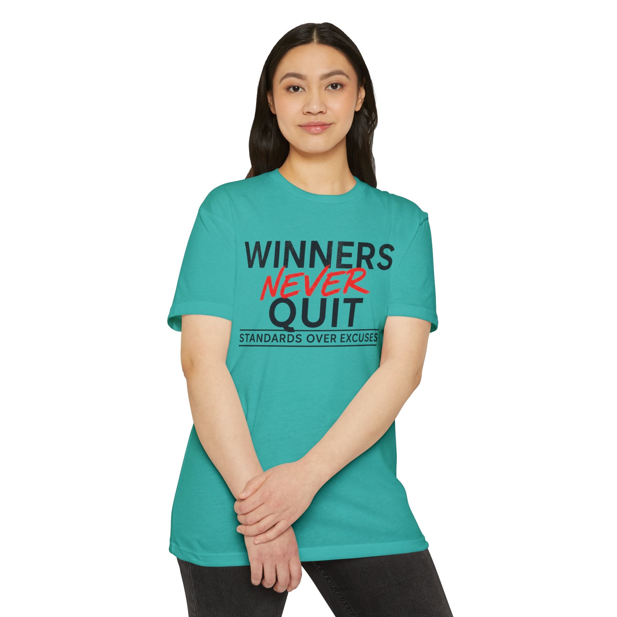 Winners Never Quit T-Shirt — Motivational Fitness Tee (“Standards Over Excuses”)