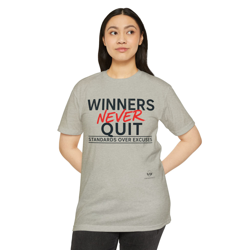 Winners Never Quit T-Shirt — Motivational Fitness Tee (“Standards Over Excuses”)