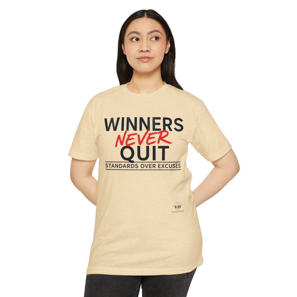 Winners Never Quit T-Shirt — Motivational Fitness Tee (“Standards Over Excuses”)