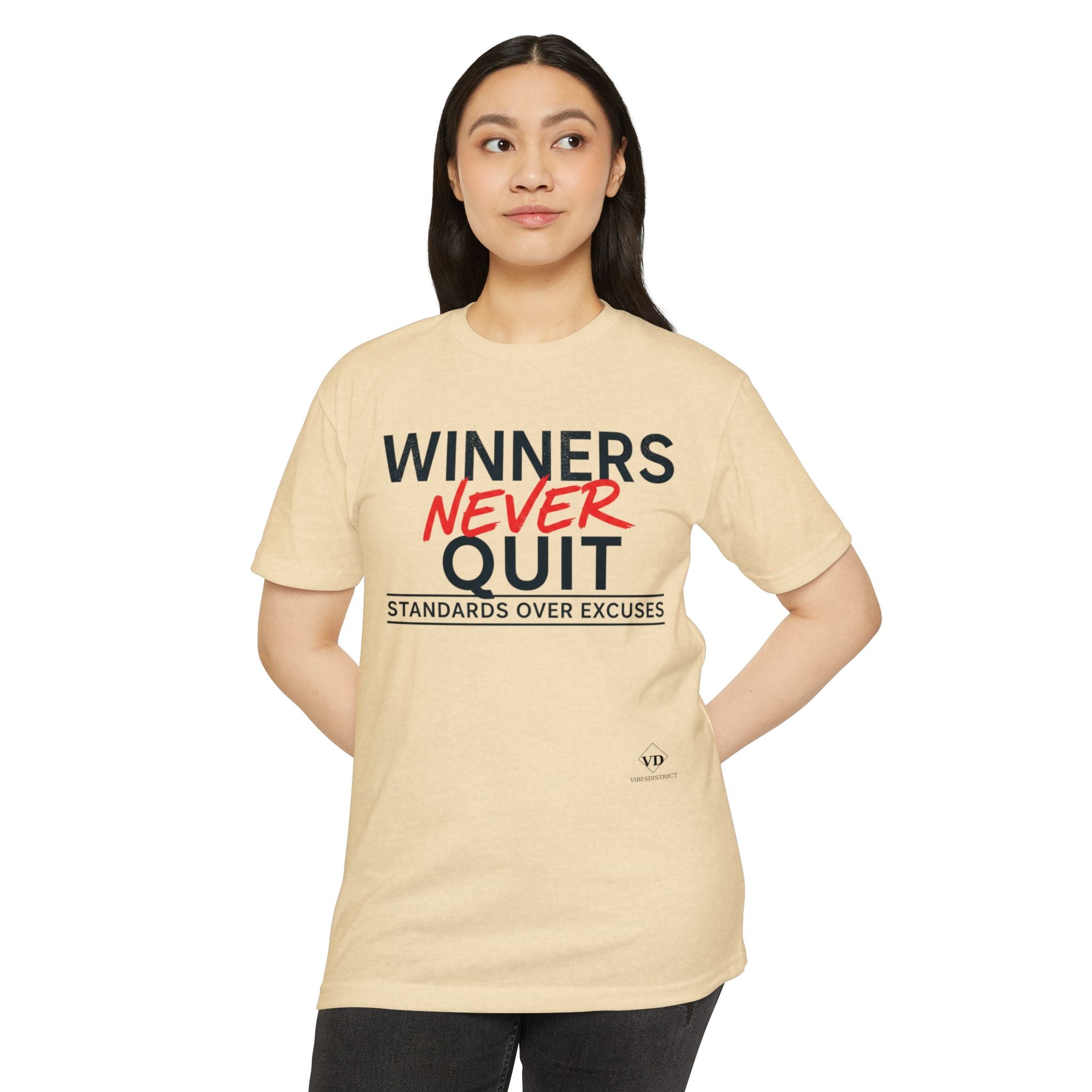 Winners Never Quit T-Shirt — Motivational Fitness Tee (“Standards Over Excuses”)