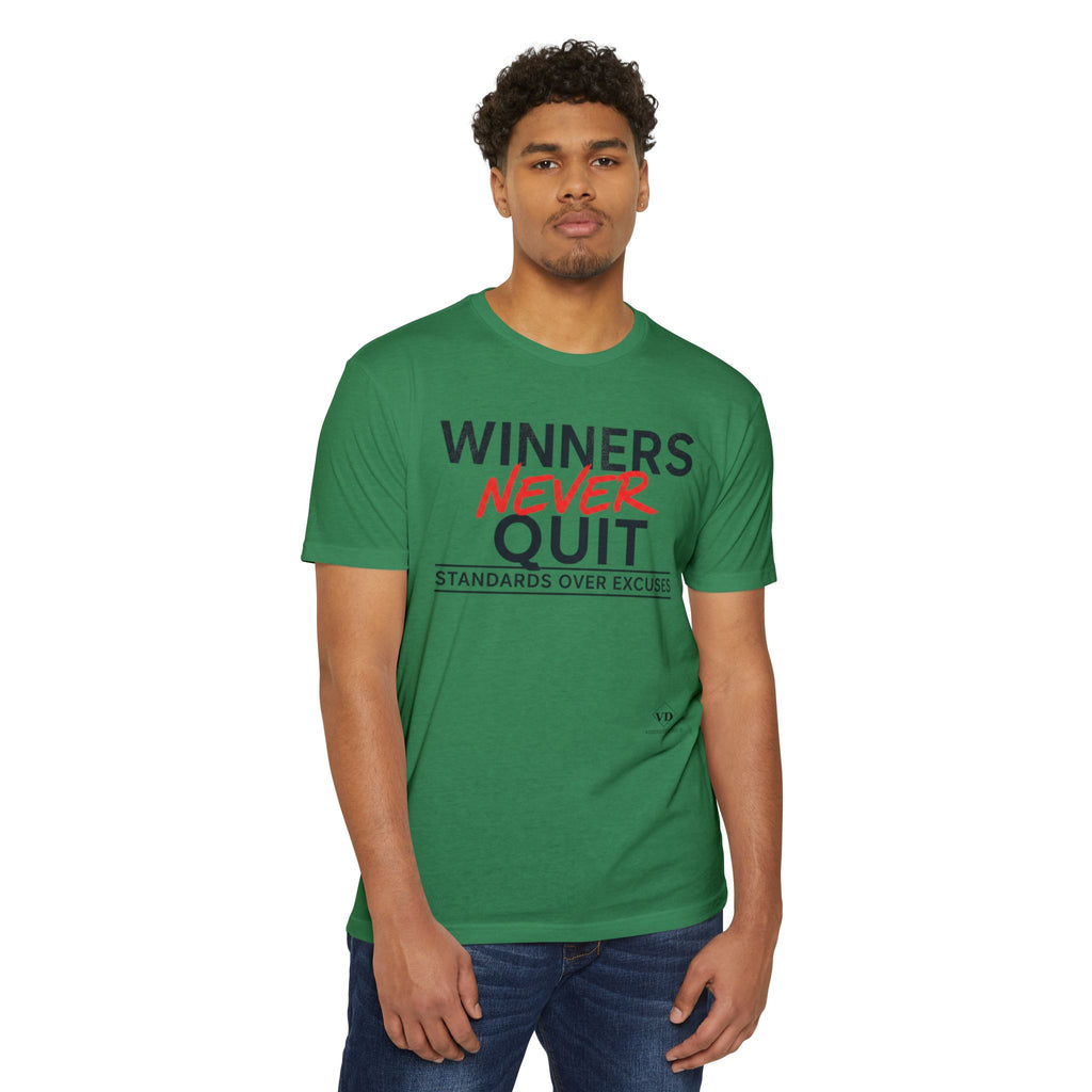 Winners Never Quit T-Shirt — Motivational Fitness Tee (“Standards Over Excuses”)