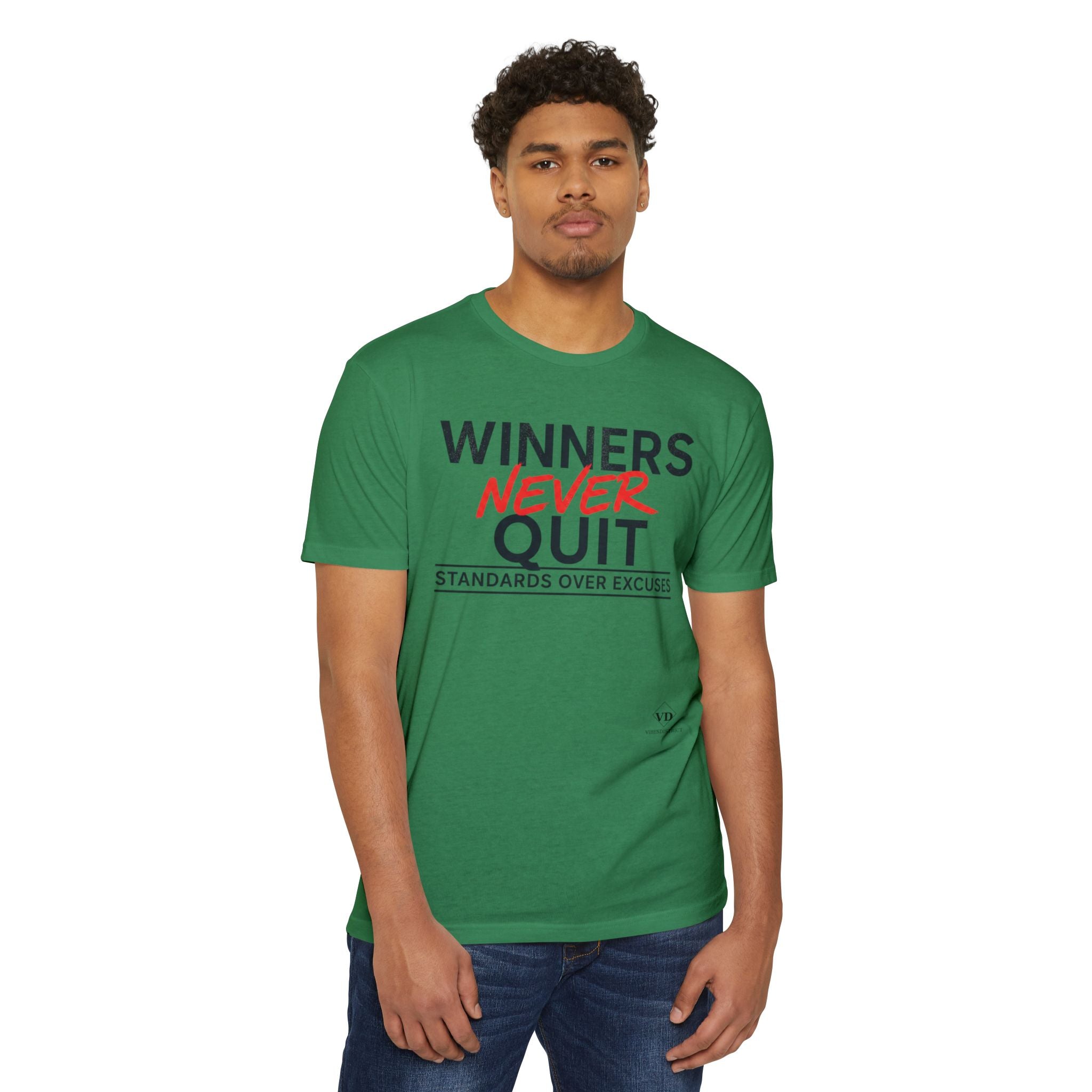 Winners Never Quit T-Shirt — Motivational Fitness Tee (“Standards Over Excuses”)