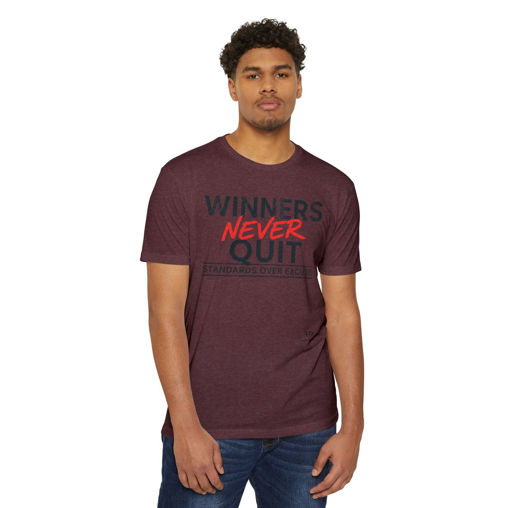 Winners Never Quit T-Shirt — Motivational Fitness Tee (“Standards Over Excuses”)