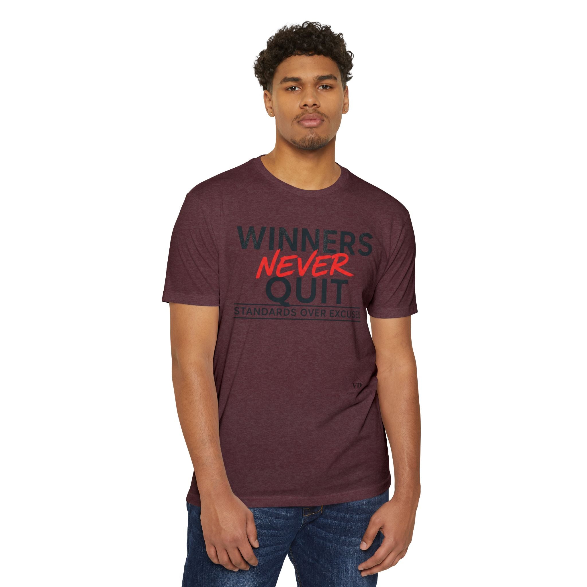 Winners Never Quit T-Shirt — Motivational Fitness Tee (“Standards Over Excuses”)