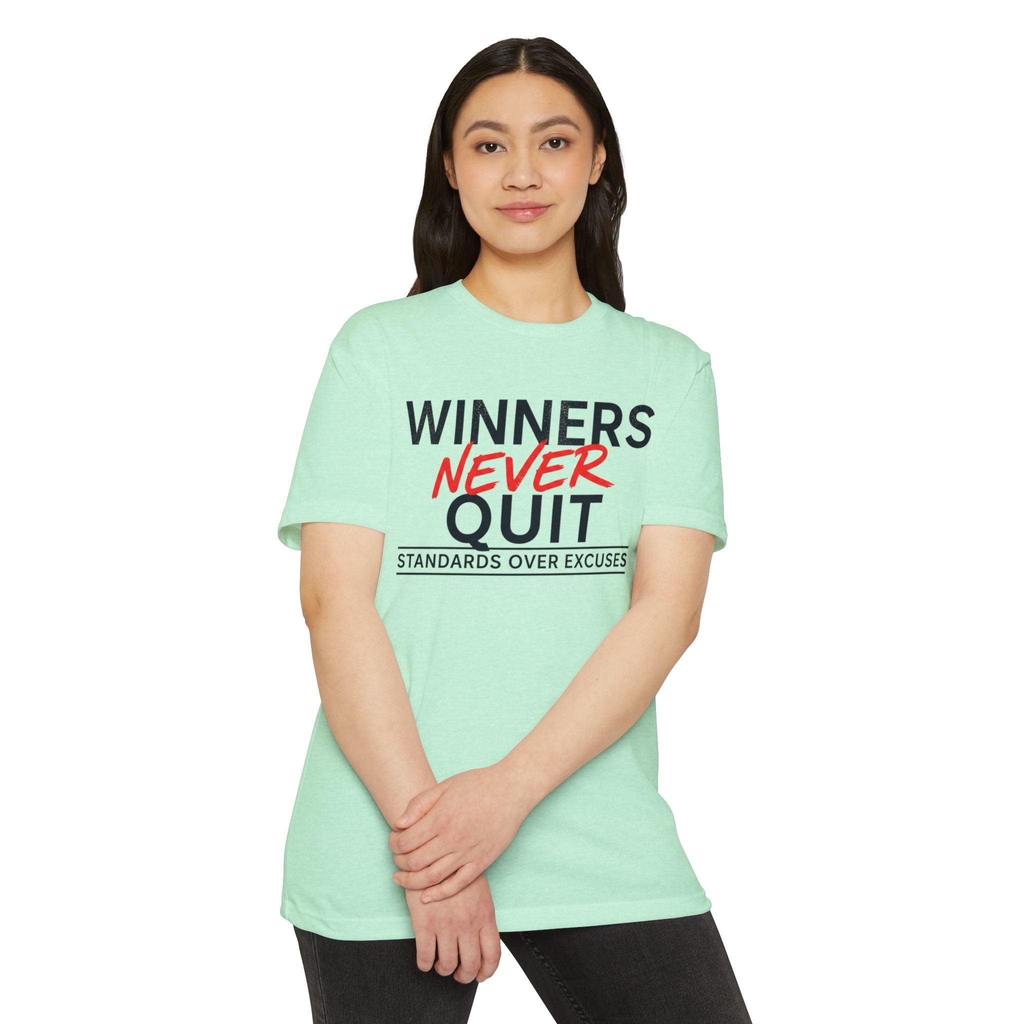 Winners Never Quit T-Shirt — Motivational Fitness Tee (“Standards Over Excuses”)