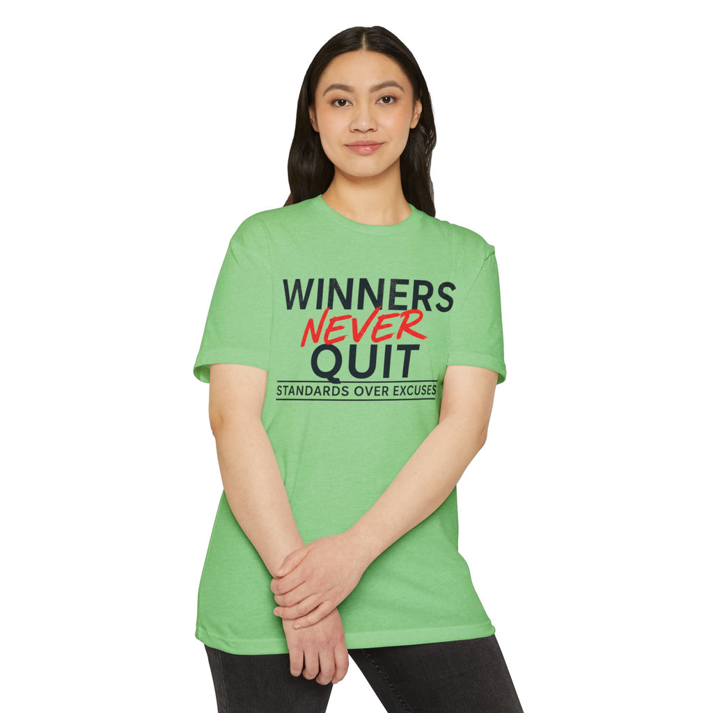 Winners Never Quit T-Shirt — Motivational Fitness Tee (“Standards Over Excuses”)