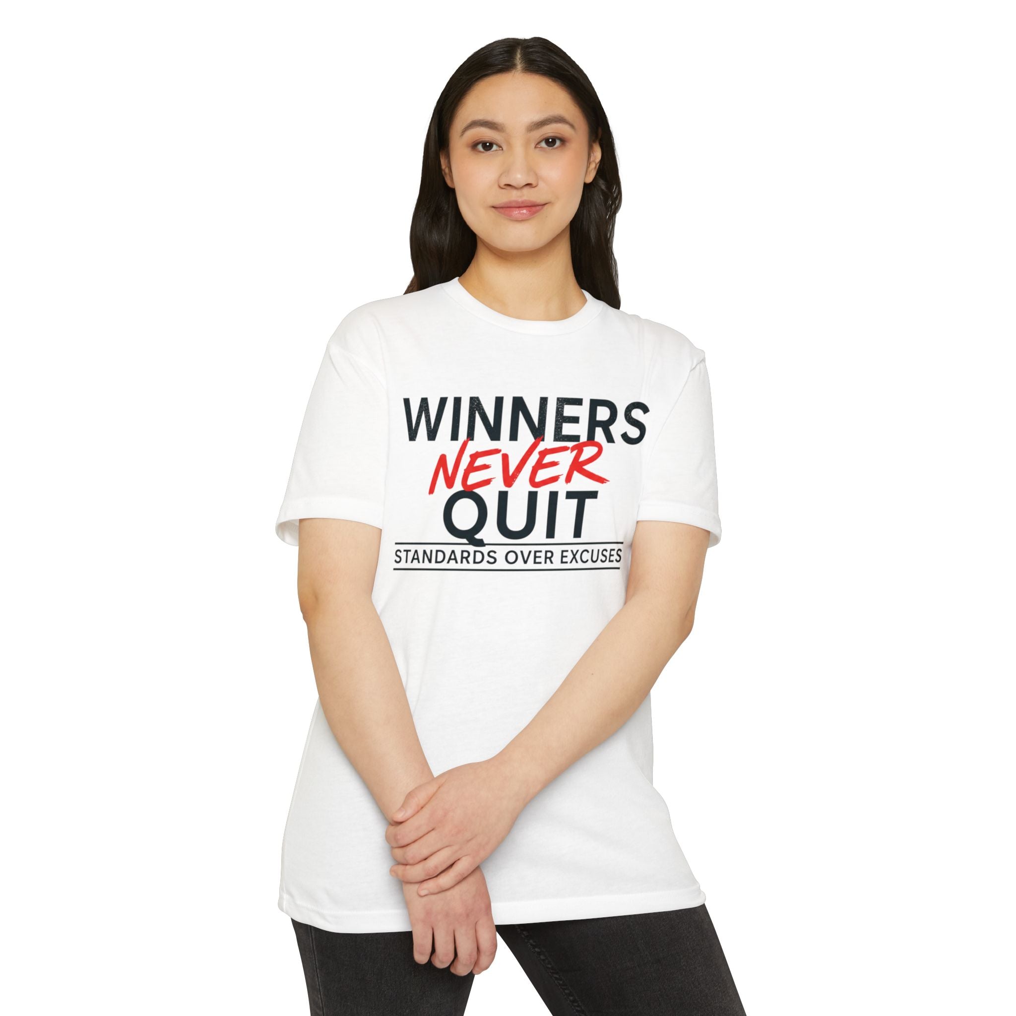 Winners Never Quit T-Shirt — Motivational Fitness Tee (“Standards Over Excuses”)
