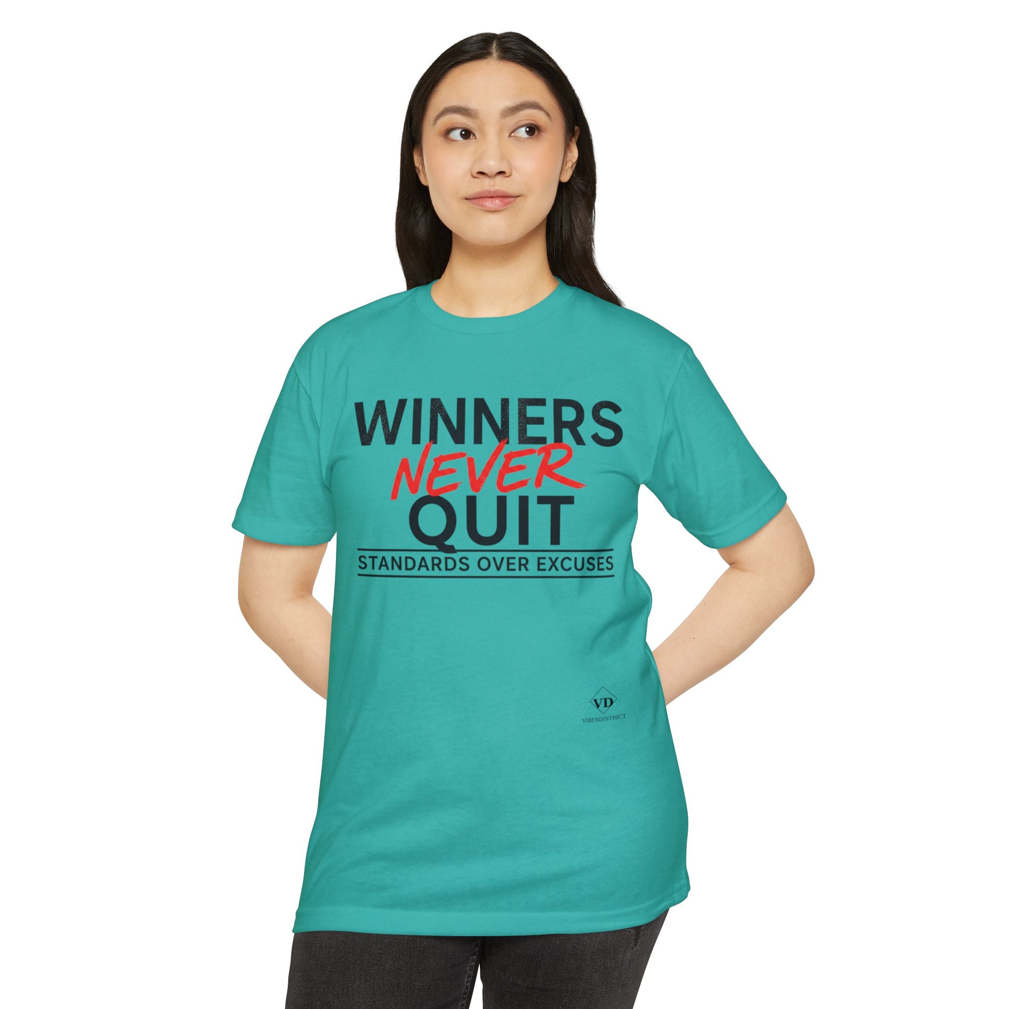 Winners Never Quit T-Shirt — Motivational Fitness Tee (“Standards Over Excuses”)