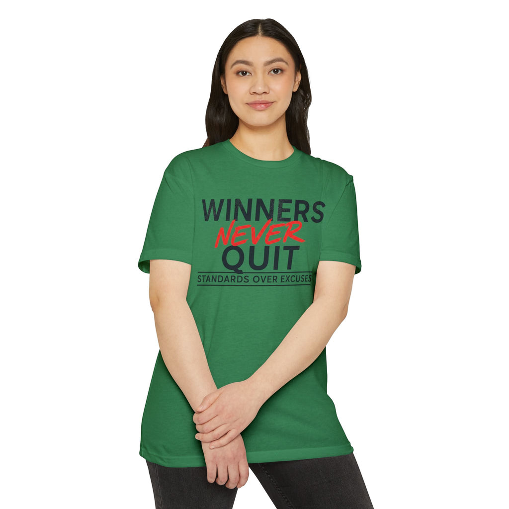 Winners Never Quit T-Shirt — Motivational Fitness Tee (“Standards Over Excuses”)