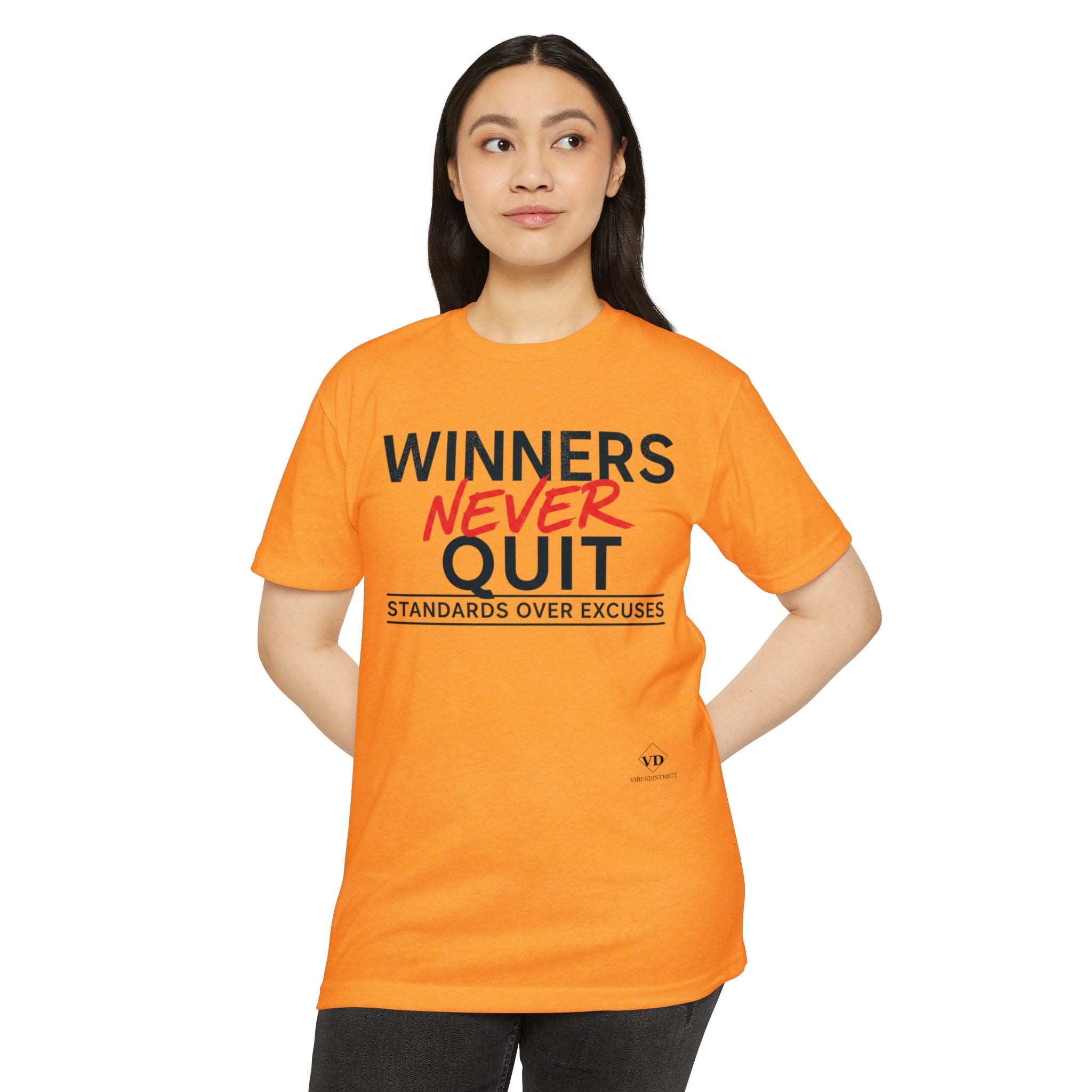 Winners Never Quit T-Shirt — Motivational Fitness Tee (“Standards Over Excuses”)