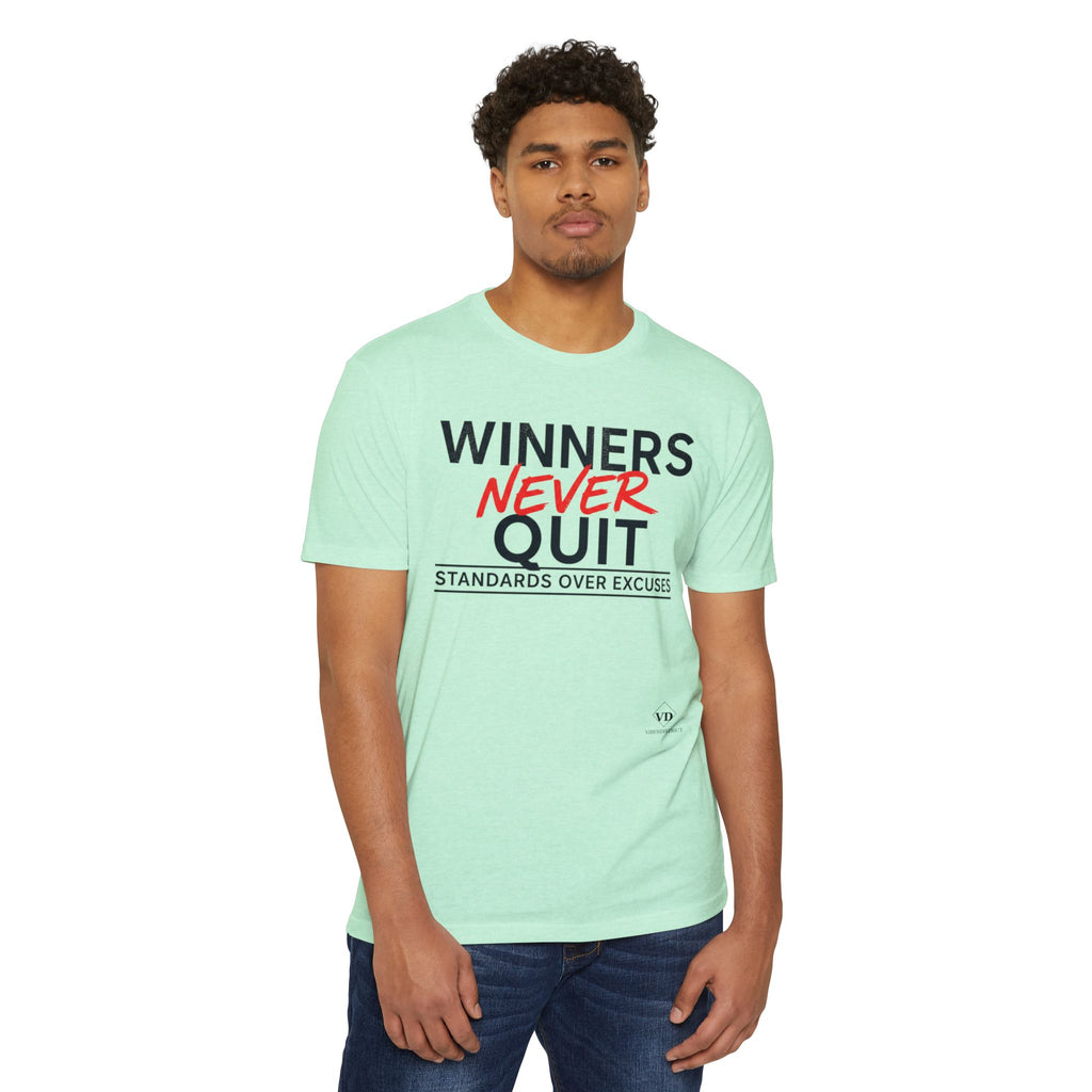 Winners Never Quit T-Shirt — Motivational Fitness Tee (“Standards Over Excuses”)