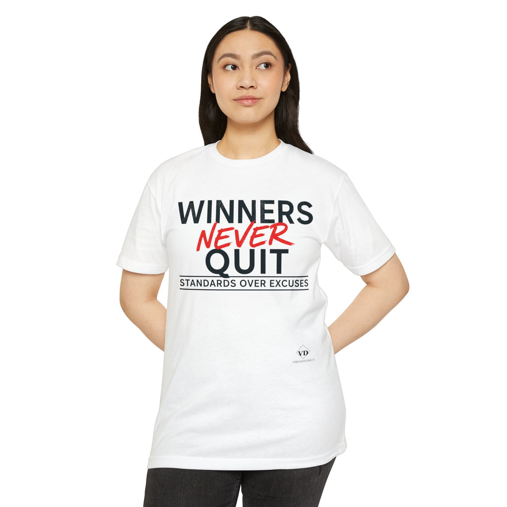 Winners Never Quit T-Shirt — Motivational Fitness Tee (“Standards Over Excuses”)