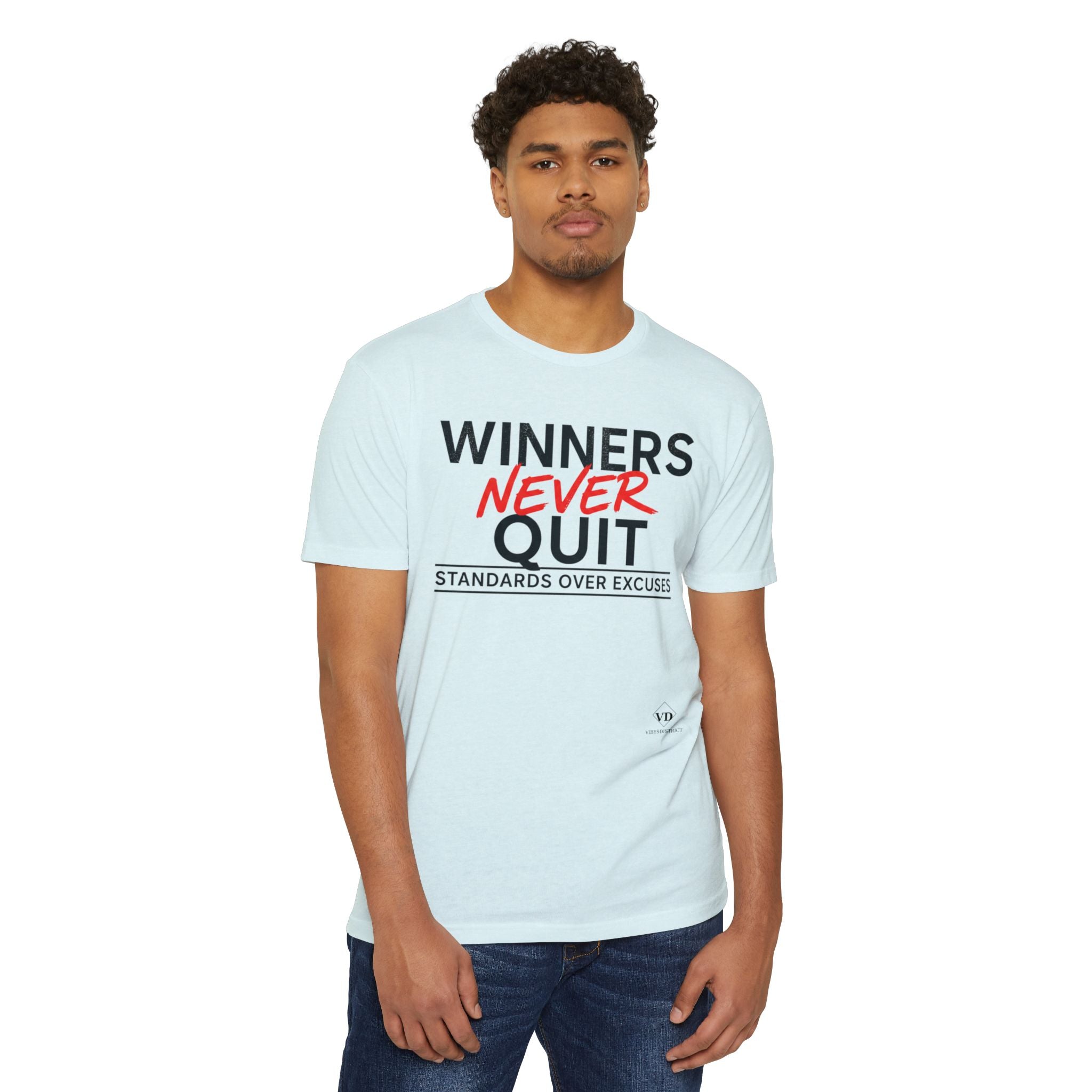 Winners Never Quit T-Shirt — Motivational Fitness Tee (“Standards Over Excuses”)
