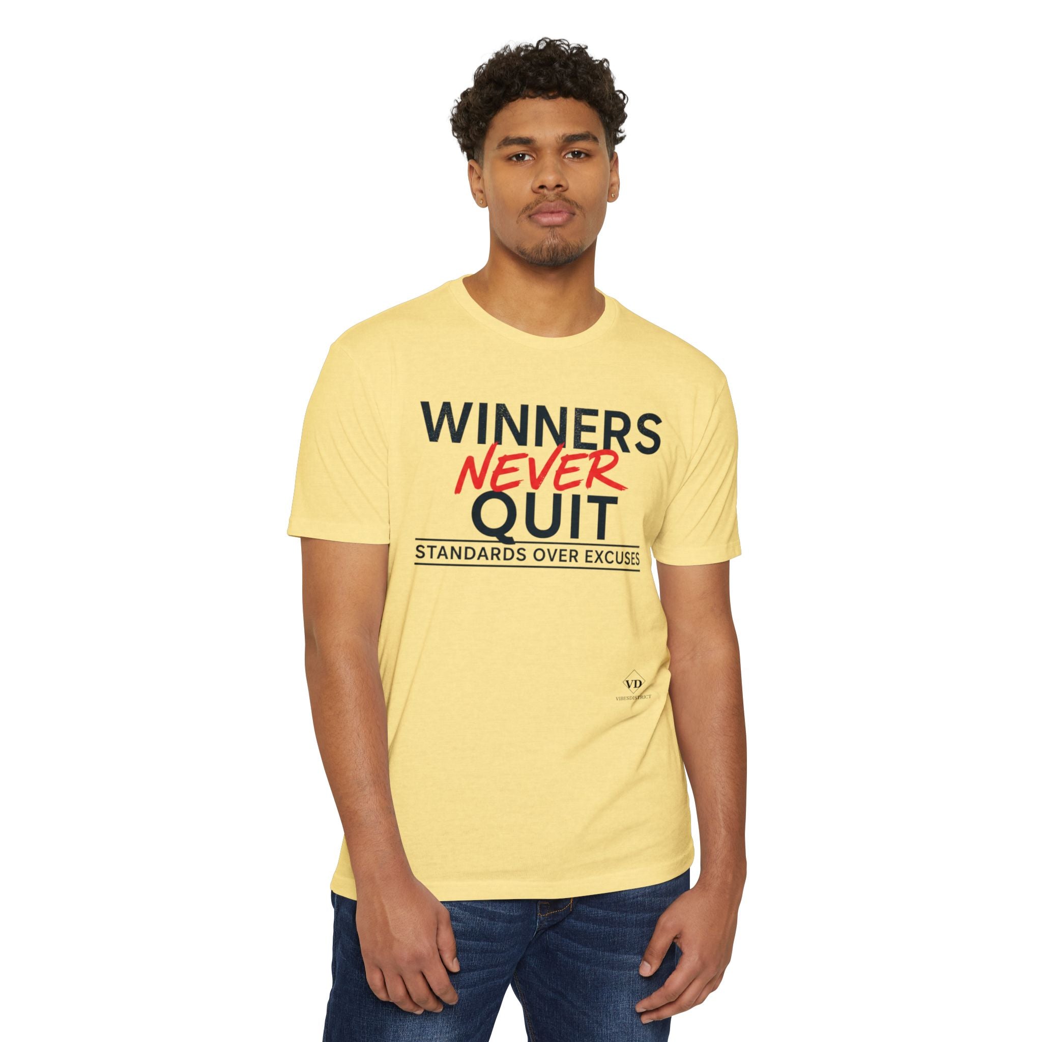 Winners Never Quit T-Shirt — Motivational Fitness Tee (“Standards Over Excuses”)