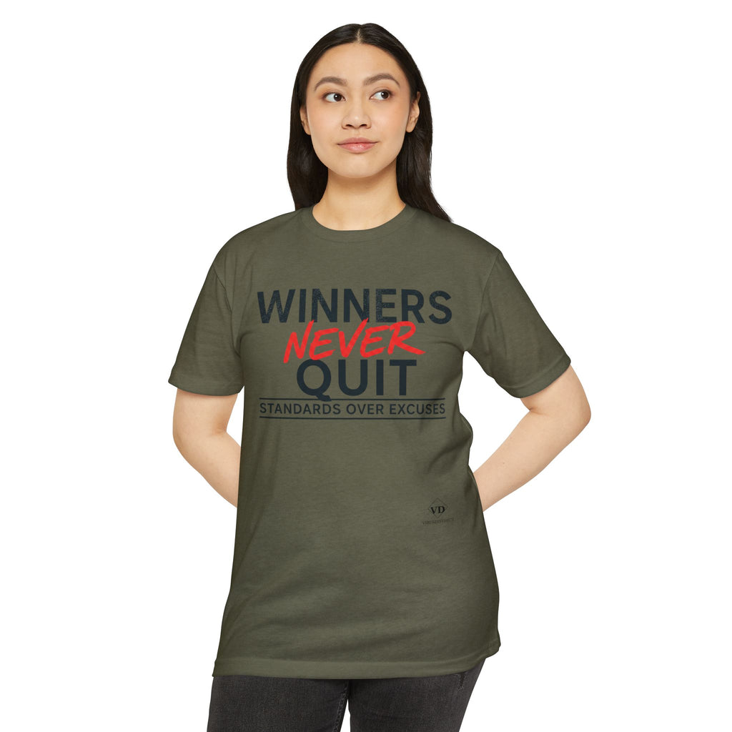 Winners Never Quit T-Shirt — Motivational Fitness Tee (“Standards Over Excuses”)
