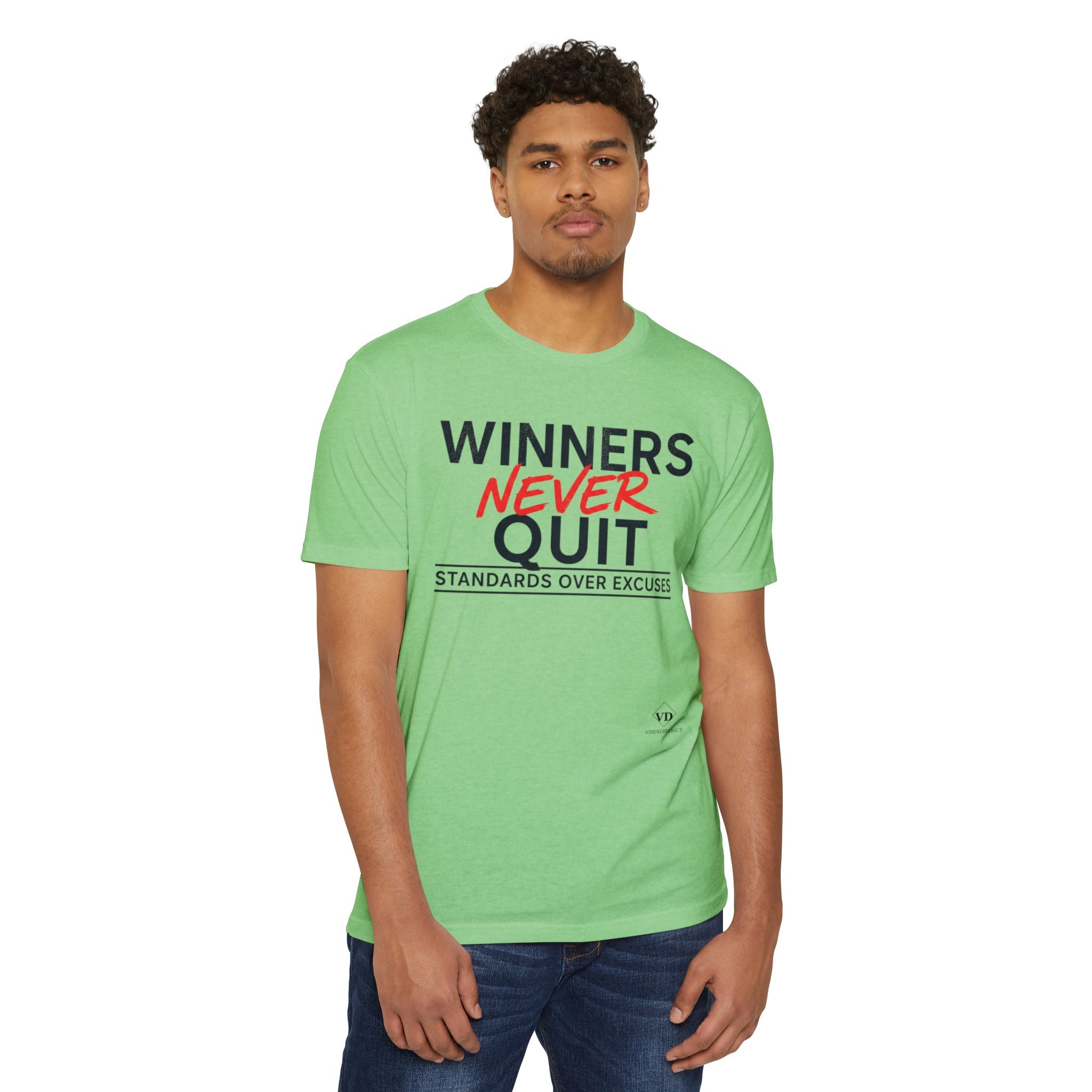 Winners Never Quit T-Shirt — Motivational Fitness Tee (“Standards Over Excuses”)