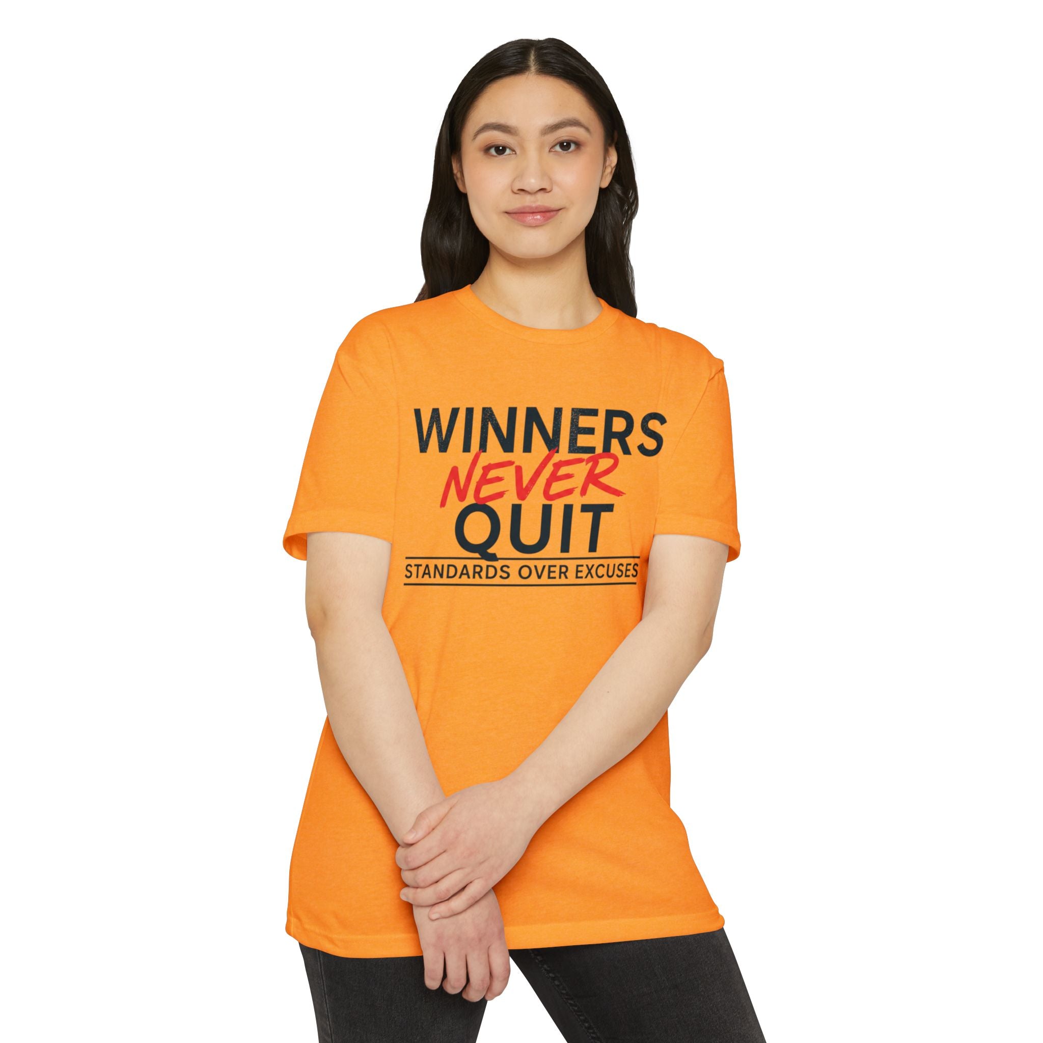 Winners Never Quit T-Shirt — Motivational Fitness Tee (“Standards Over Excuses”)