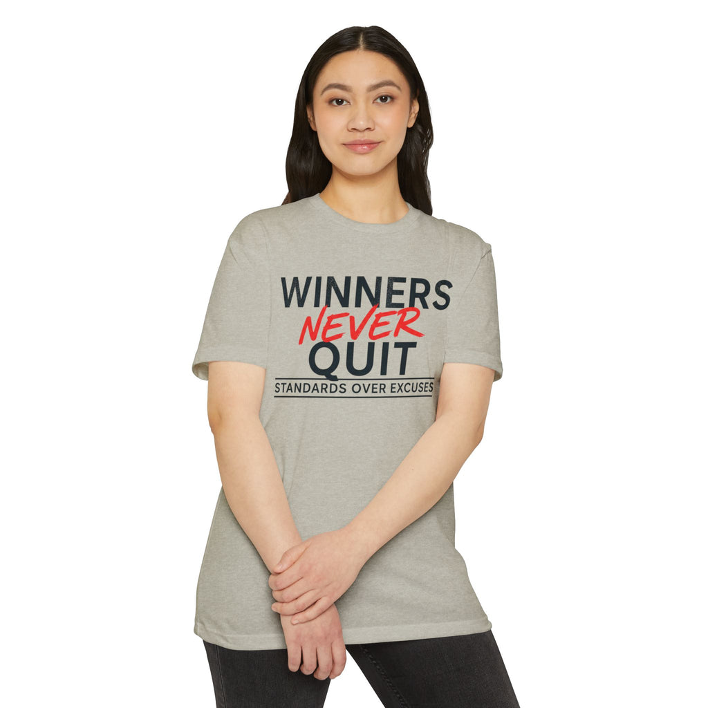 Winners Never Quit T-Shirt — Motivational Fitness Tee (“Standards Over Excuses”)