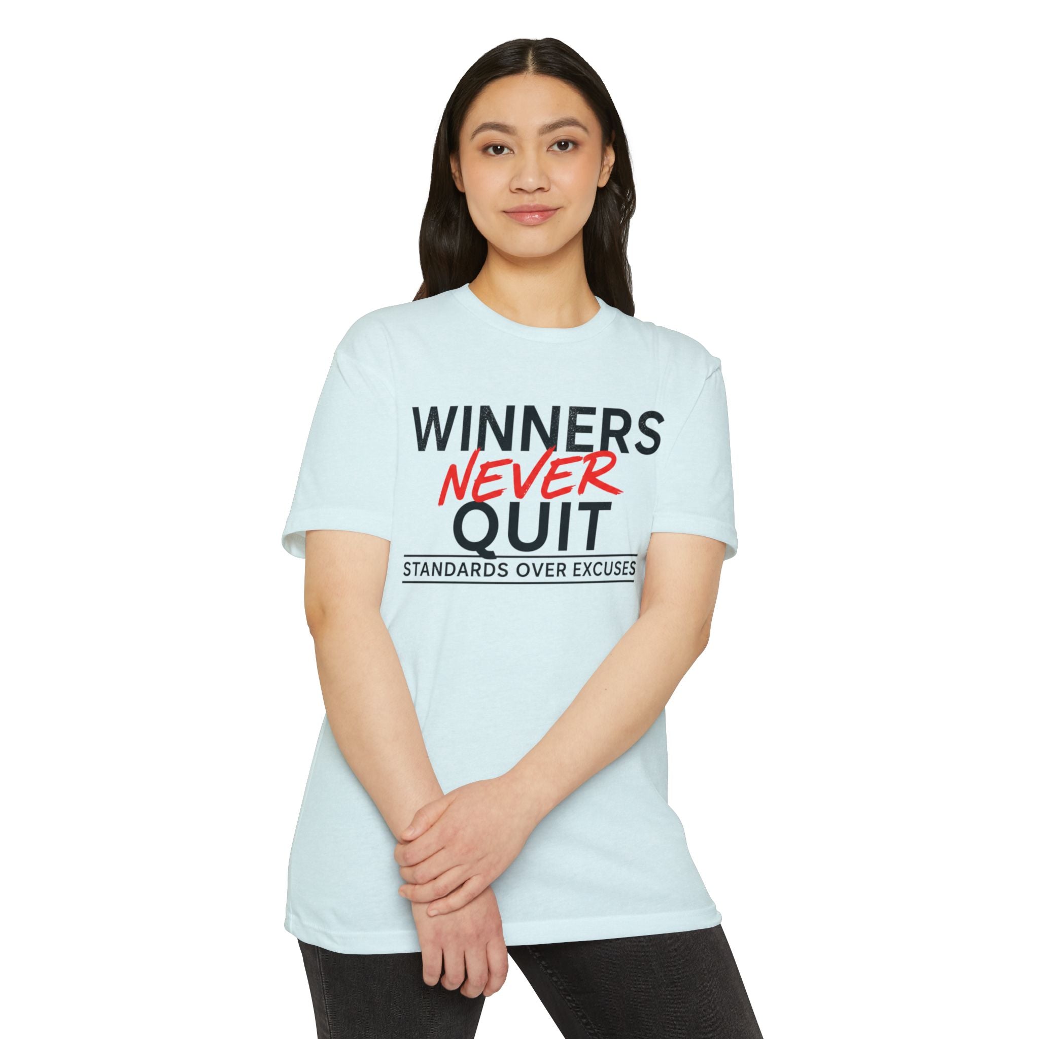 Winners Never Quit T-Shirt — Motivational Fitness Tee (“Standards Over Excuses”)