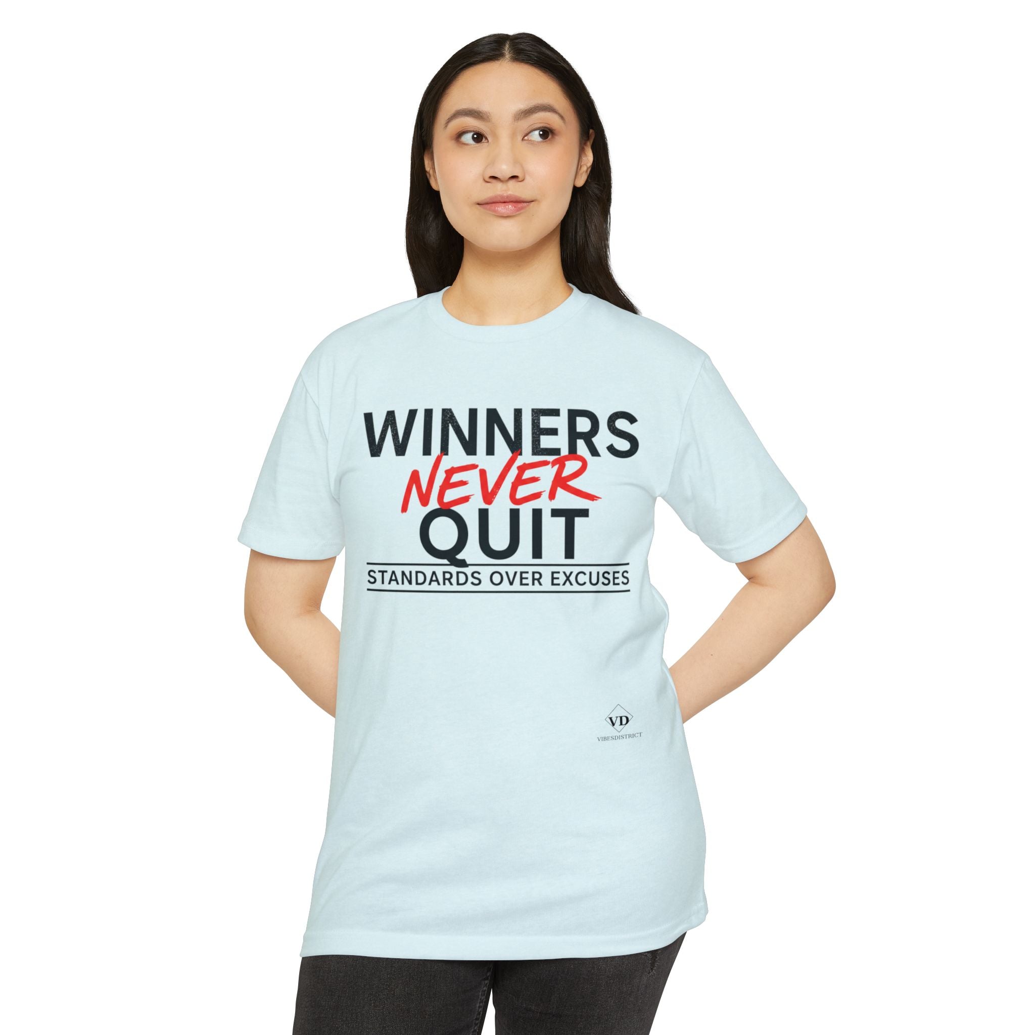 Winners Never Quit T-Shirt — Motivational Fitness Tee (“Standards Over Excuses”)