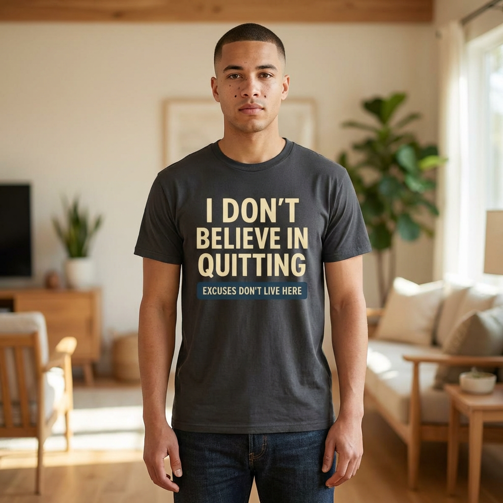 Motivational Tee — "I Don't Believe in Quitting" Inspirational Graphic T-Shirt
