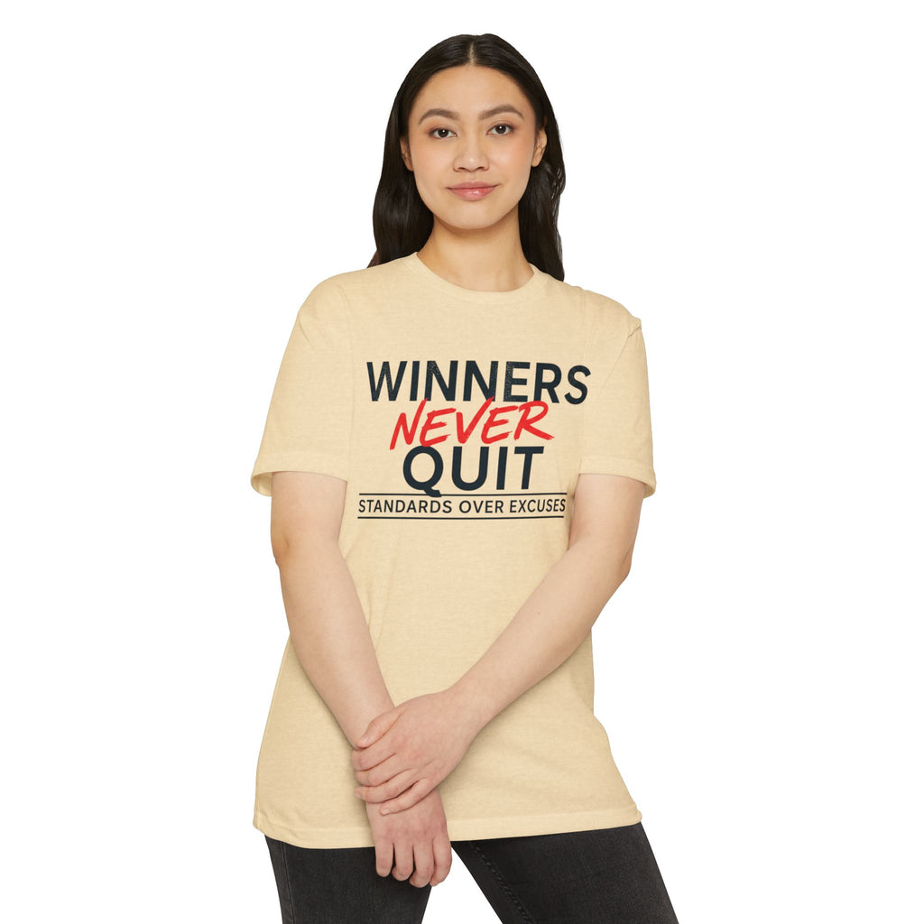 Winners Never Quit T-Shirt — Motivational Fitness Tee (“Standards Over Excuses”)