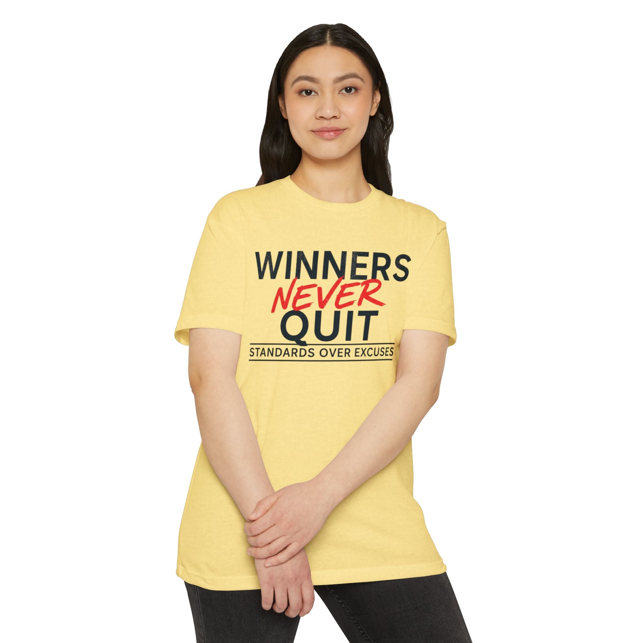 Winners Never Quit T-Shirt — Motivational Fitness Tee (“Standards Over Excuses”)
