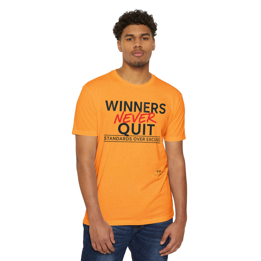 Winners Never Quit T-Shirt — Motivational Fitness Tee (“Standards Over Excuses”)