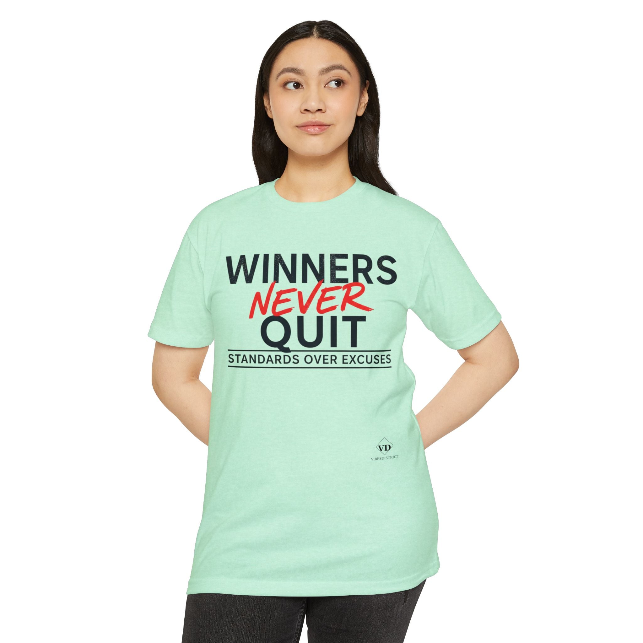 Winners Never Quit T-Shirt — Motivational Fitness Tee (“Standards Over Excuses”)