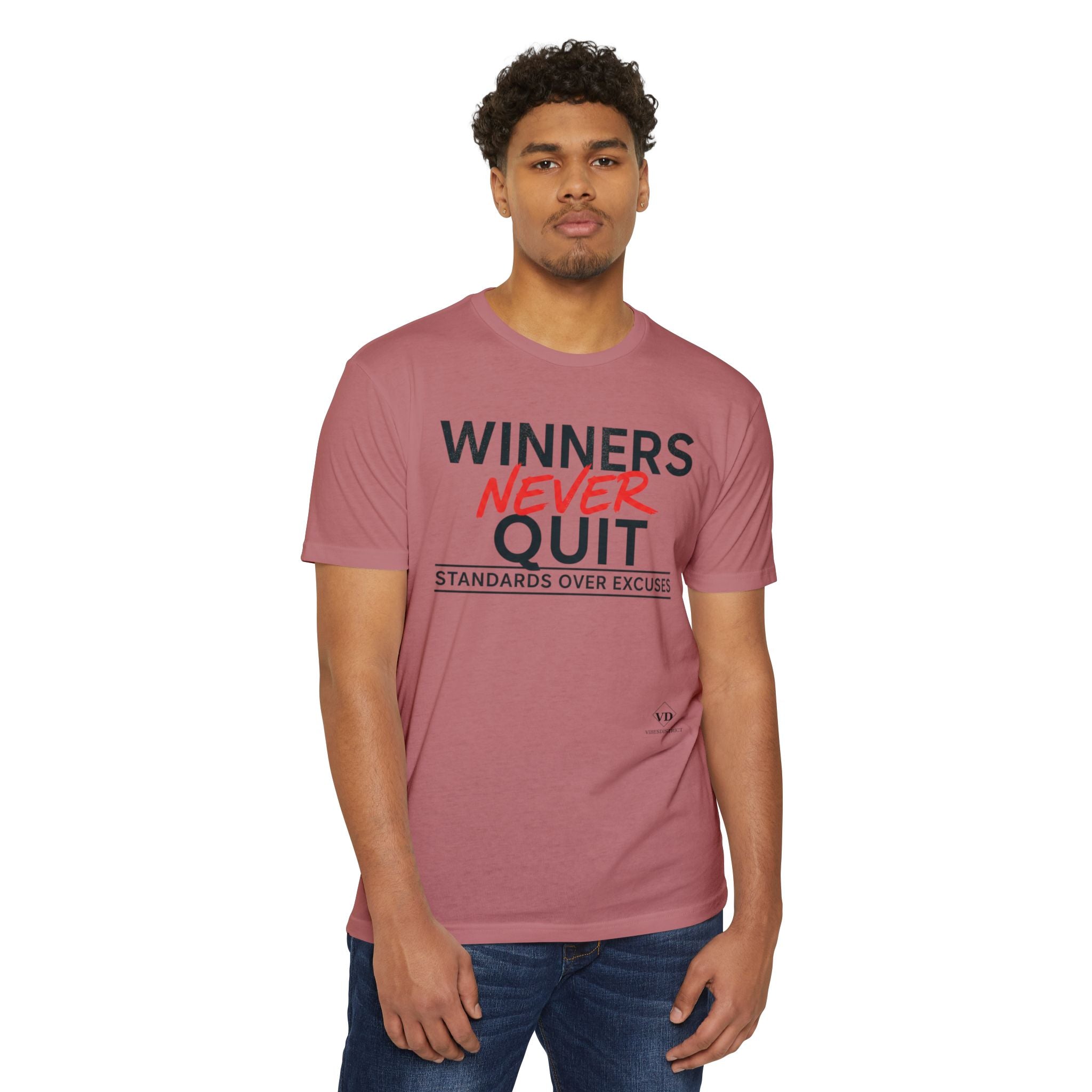 Winners Never Quit T-Shirt — Motivational Fitness Tee (“Standards Over Excuses”)