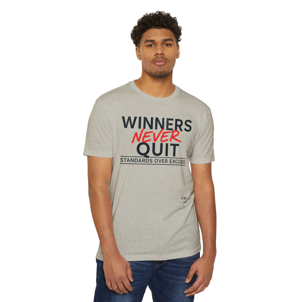 Winners Never Quit T-Shirt — Motivational Fitness Tee (“Standards Over Excuses”)