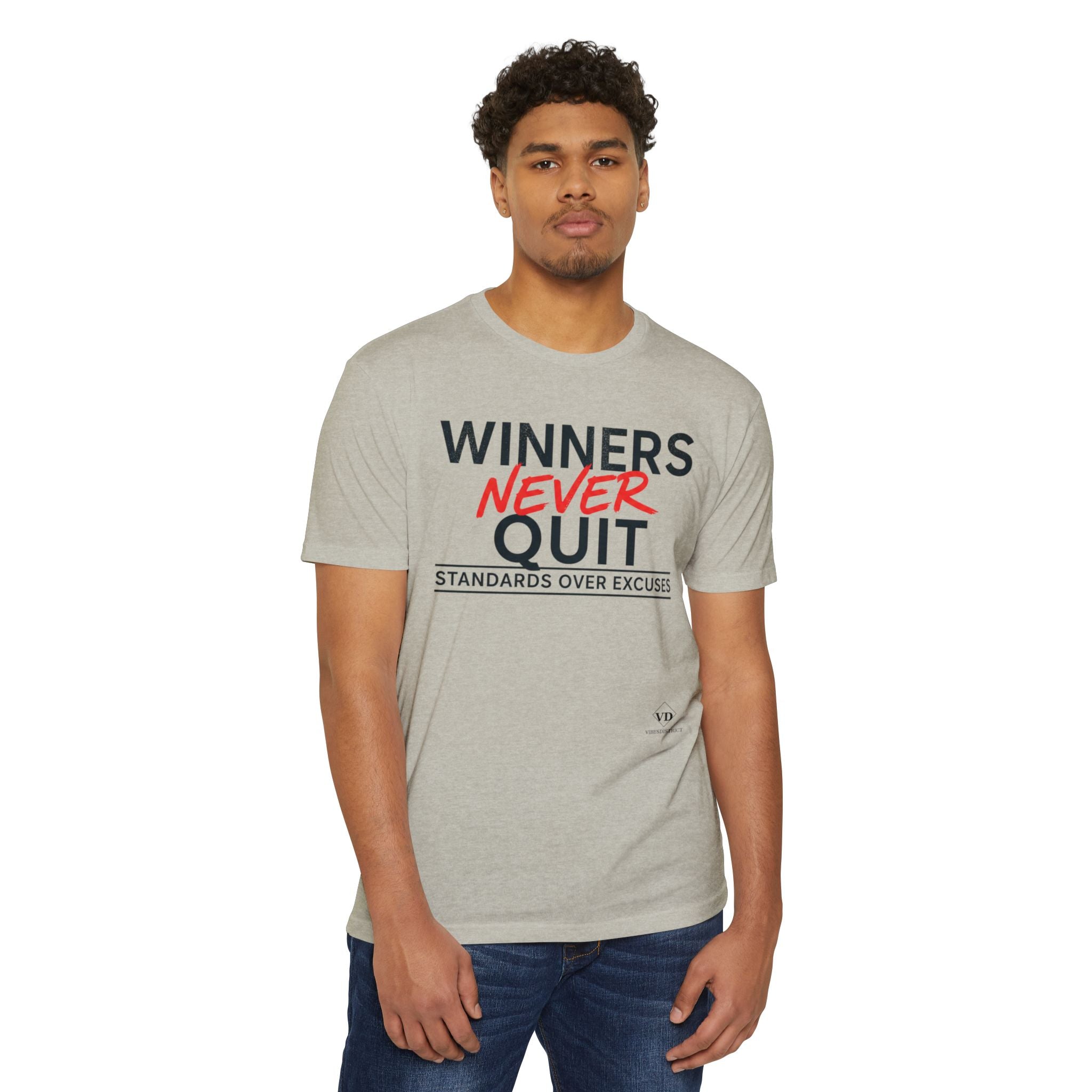 Winners Never Quit T-Shirt — Motivational Fitness Tee (“Standards Over Excuses”)