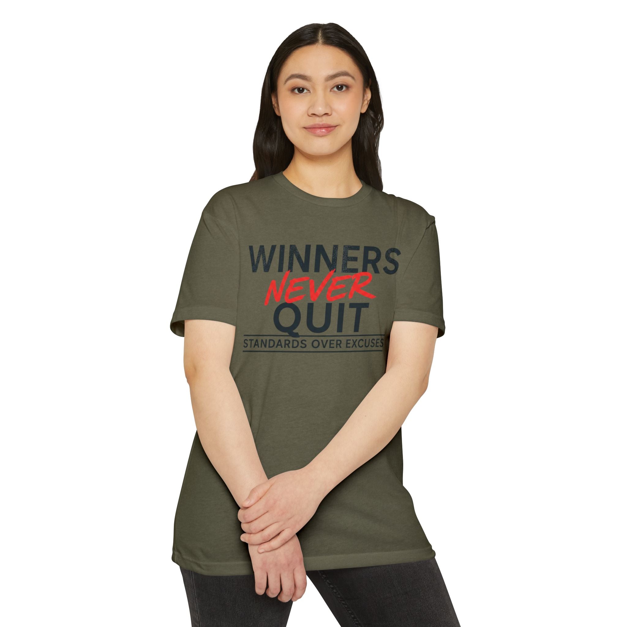 Winners Never Quit T-Shirt — Motivational Fitness Tee (“Standards Over Excuses”)