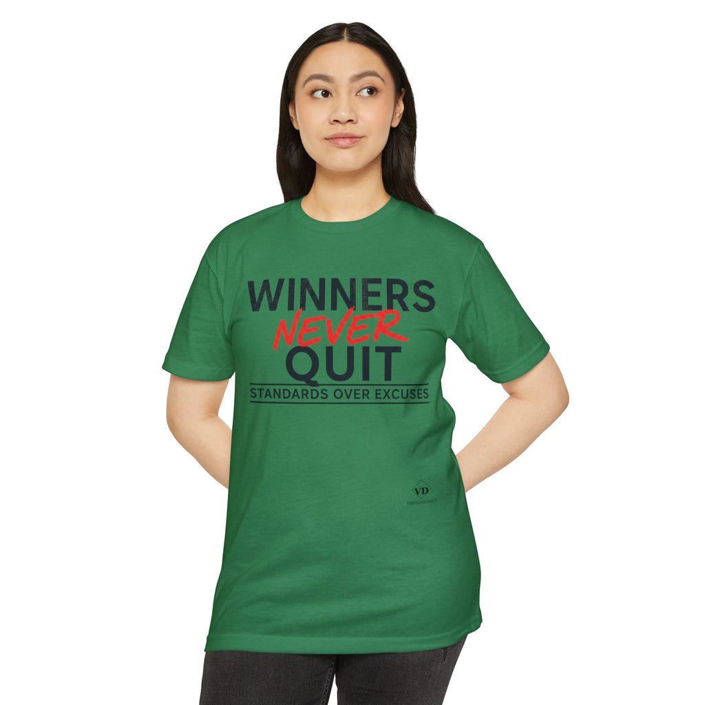 Winners Never Quit T-Shirt — Motivational Fitness Tee (“Standards Over Excuses”)