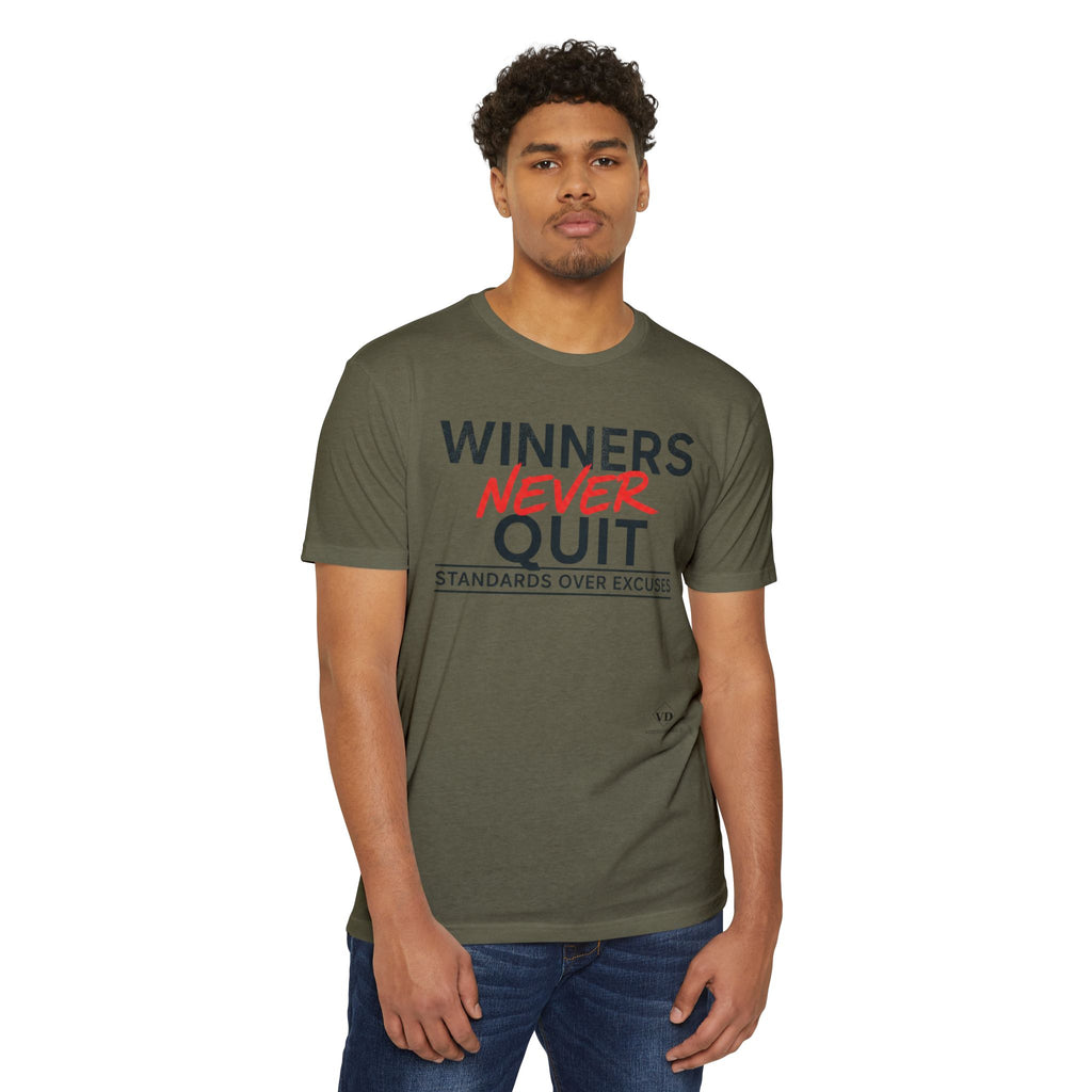 Winners Never Quit T-Shirt — Motivational Fitness Tee (“Standards Over Excuses”)