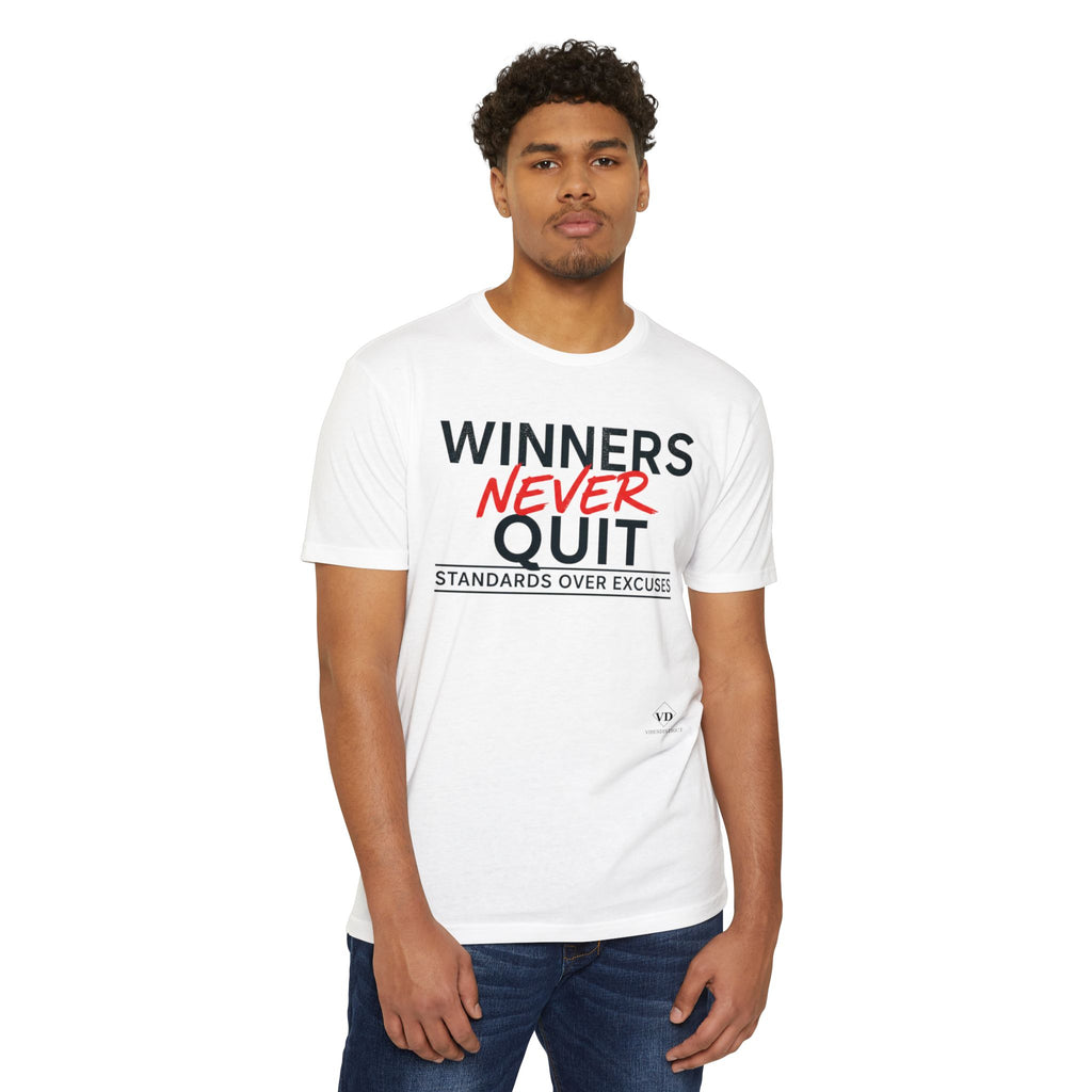 Winners Never Quit T-Shirt — Motivational Fitness Tee (“Standards Over Excuses”)