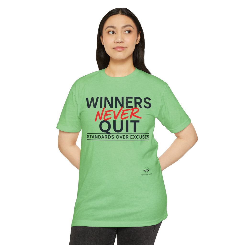 Winners Never Quit T-Shirt — Motivational Fitness Tee (“Standards Over Excuses”)