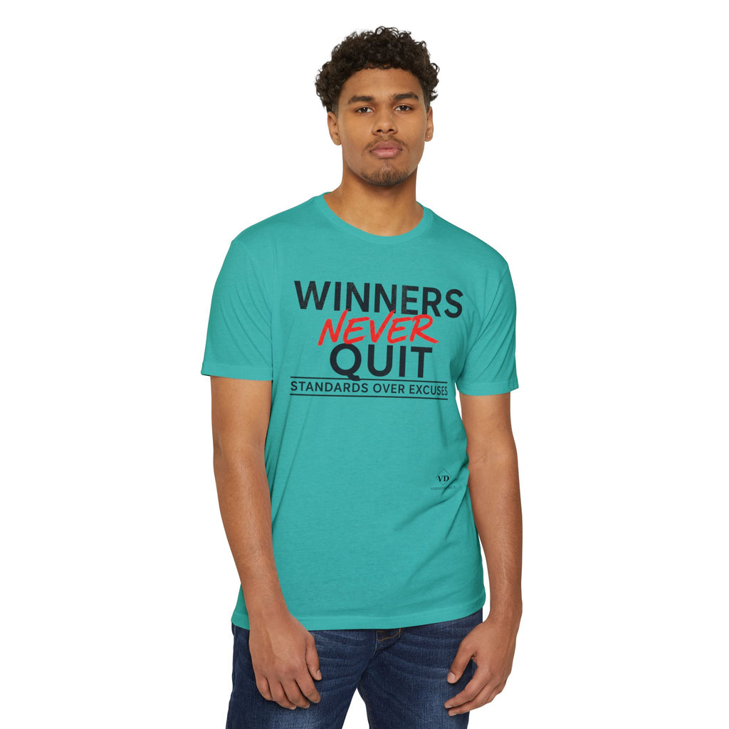 Winners Never Quit T-Shirt — Motivational Fitness Tee (“Standards Over Excuses”)