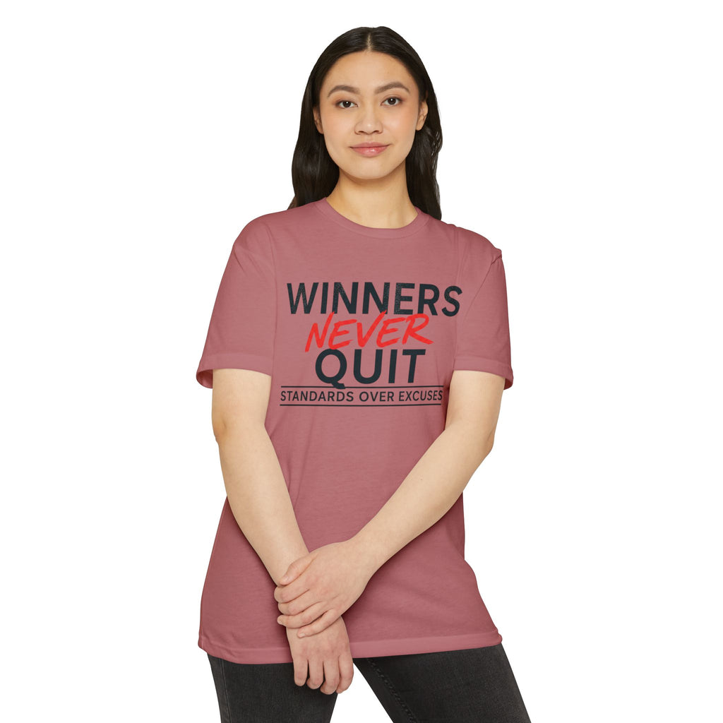 Winners Never Quit T-Shirt — Motivational Fitness Tee (“Standards Over Excuses”)